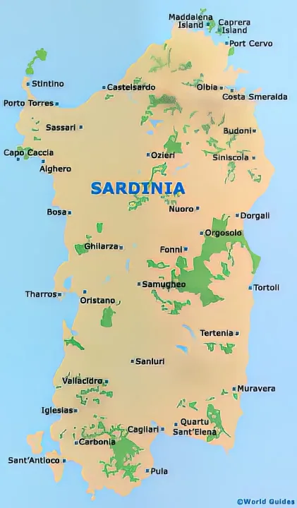 Map of Italy showing the location of Sardinia, a stunning island in the Mediterranean Sea