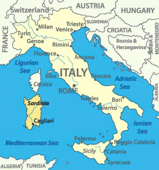 Map of Italy showing the location of Sardinia, a beautiful island in the Mediterranean Sea