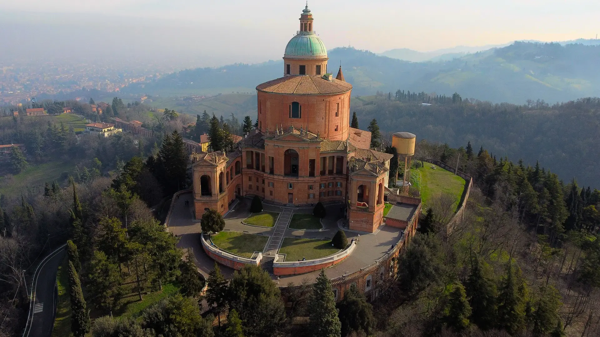 Aerial view of the Sanctuary of the Madonna of San Luca in Bologna, Italy