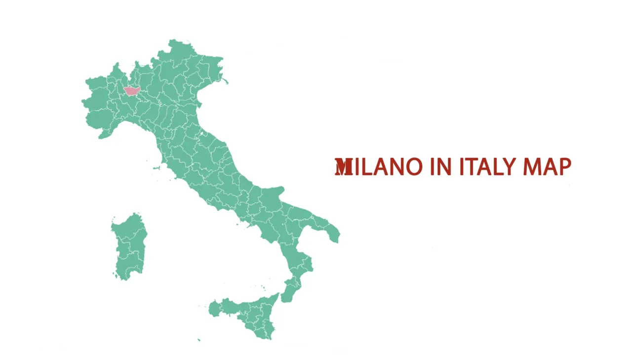Milan highlighted on a map of Italy, showcasing its prominent position as a cultural and fashion hub.