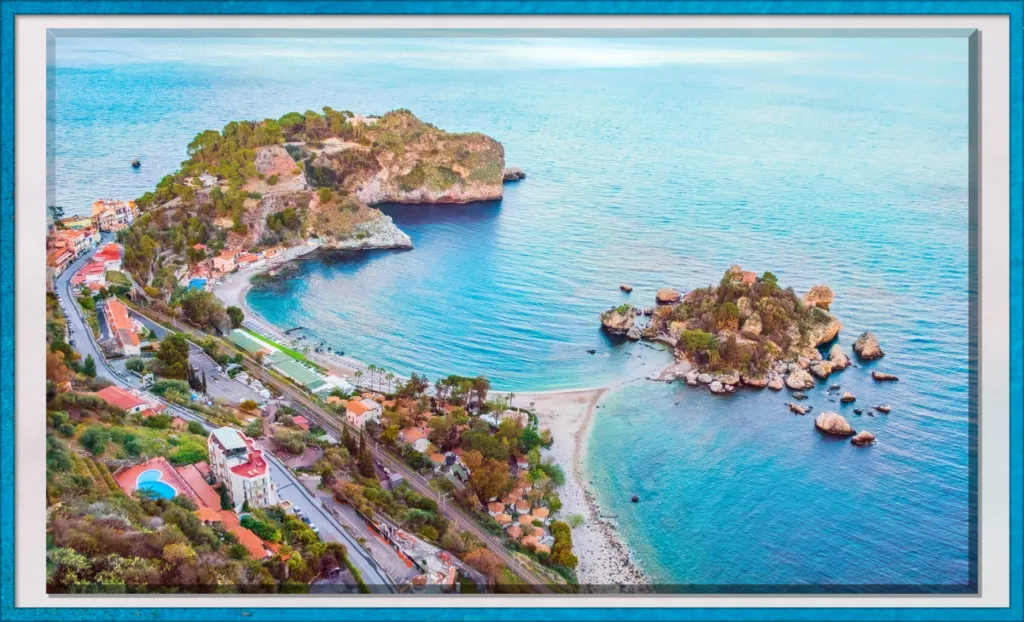 Aerial view of Isola Bella in Taormina