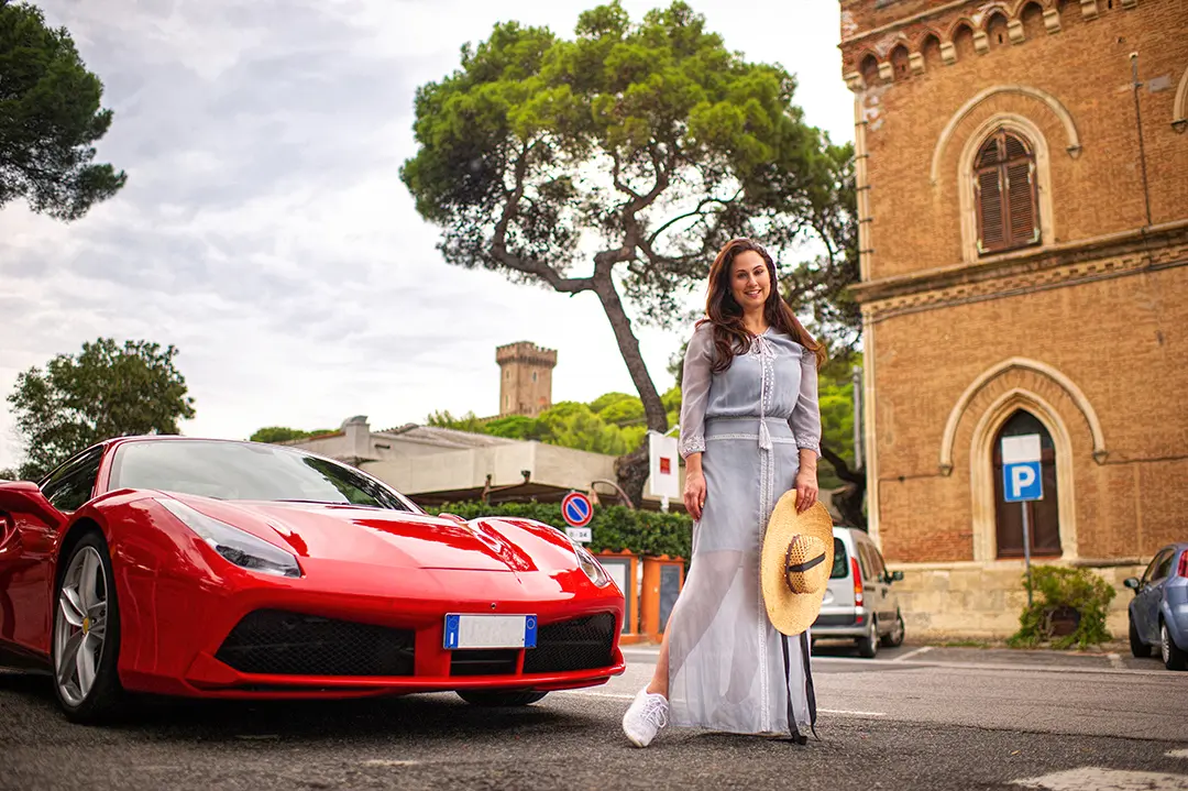 "Red Ferrari Italian Sports Car on a City Street