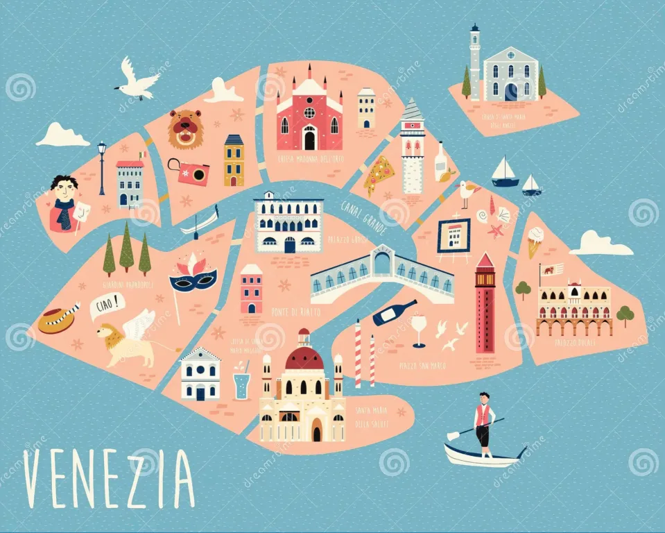 Map of Venice showcasing its iconic tourist landmarks and attractions