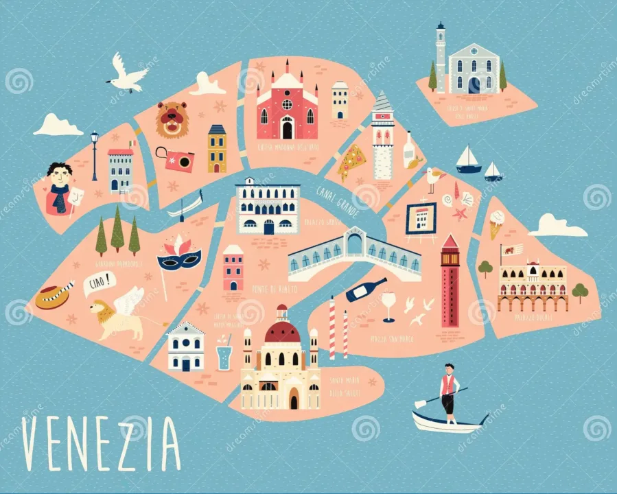 Map of Venice showcasing its iconic tourist landmarks and attractions