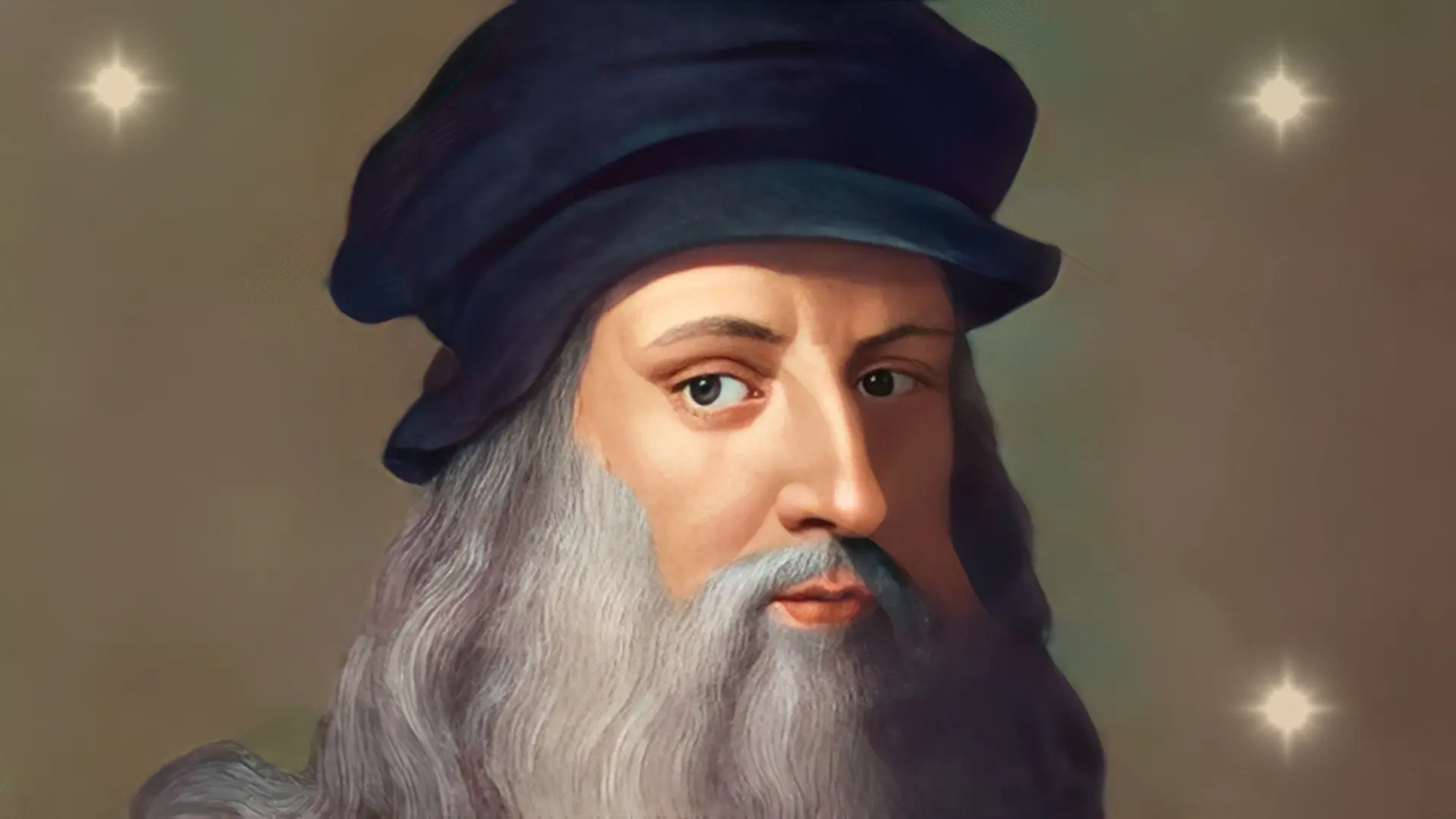 Portrait of Leonardo da Vinci, a man with a beard and a hat, looking to the left