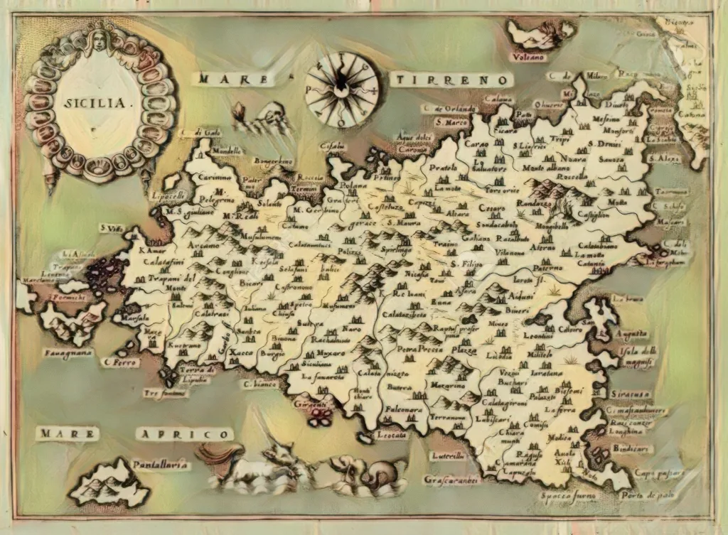 Vintage map of Sicily with illustrations of historical landmarks