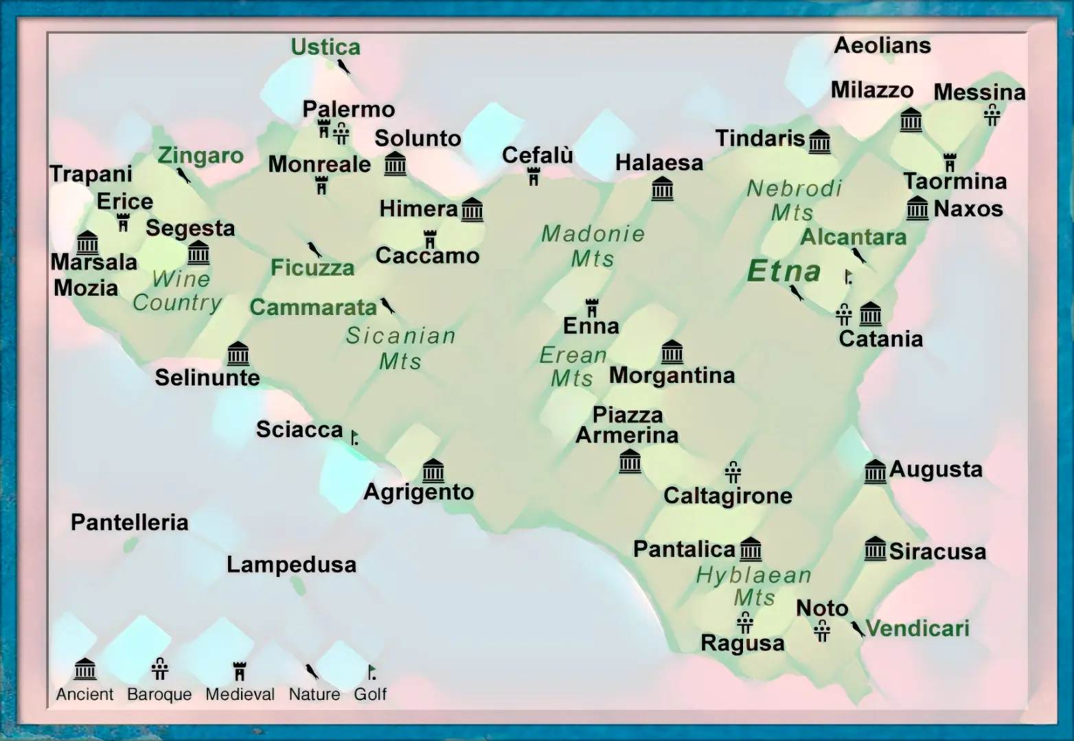 A detailed map of Sicily, Italy showing its cities and landmarks